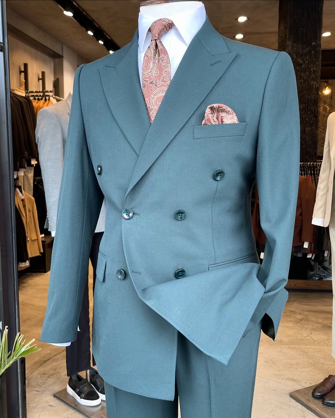 Double Breasted Suit Grey Green