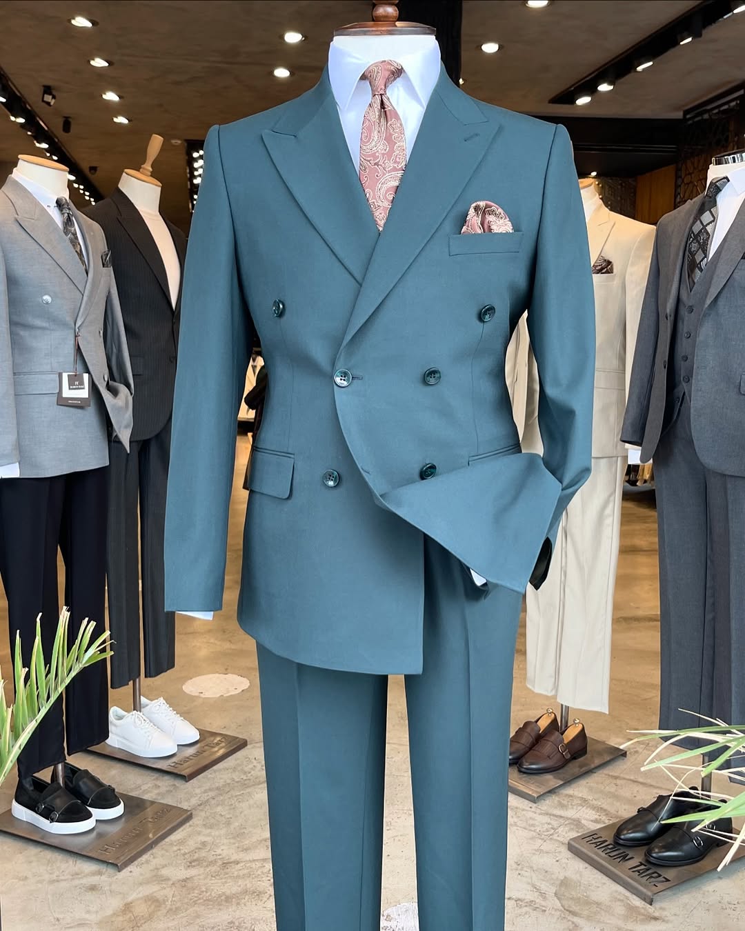 Double Breasted Suit Grey Green