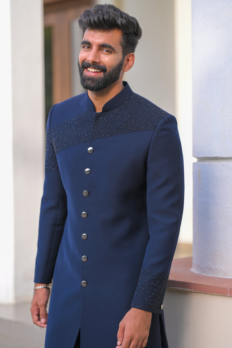 Blue achkan With Handwork