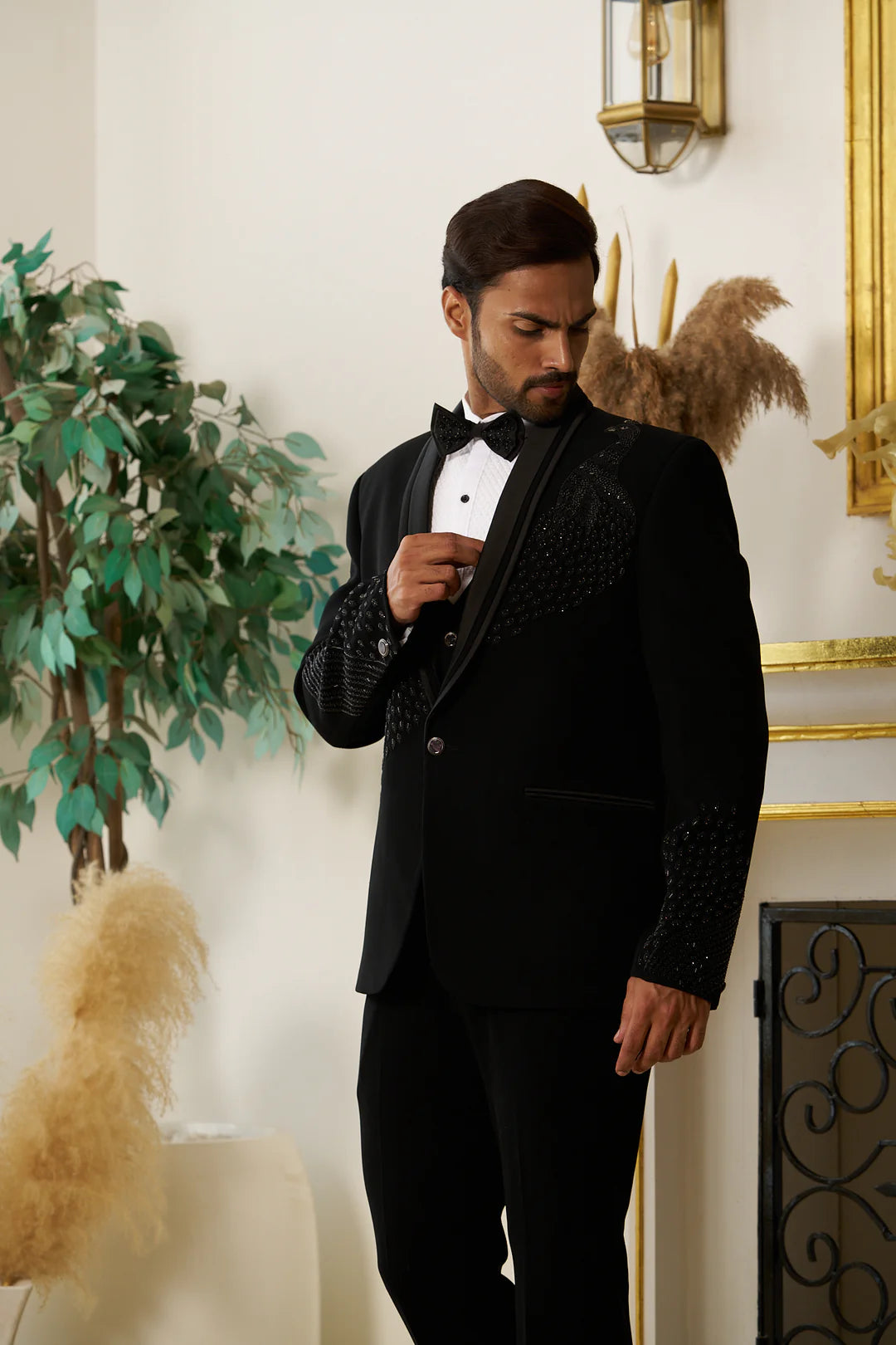 Black Partywear Suit With Peacock Handwork Design