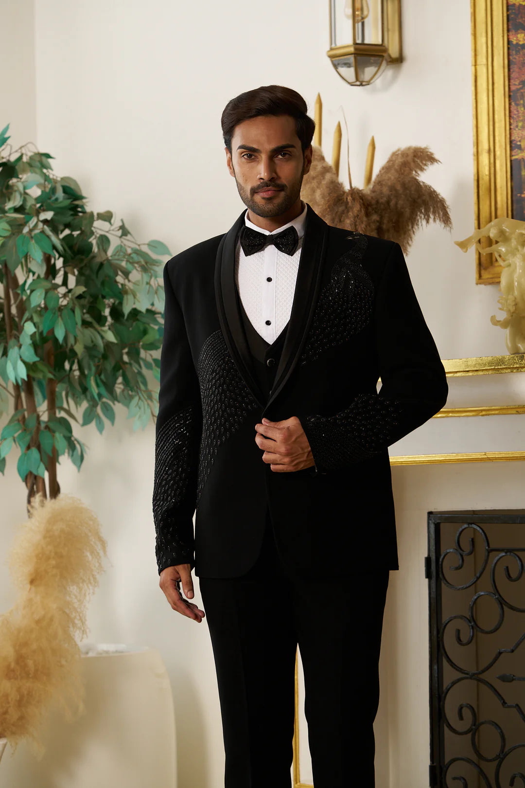 Black Partywear Suit With Peacock Handwork Design