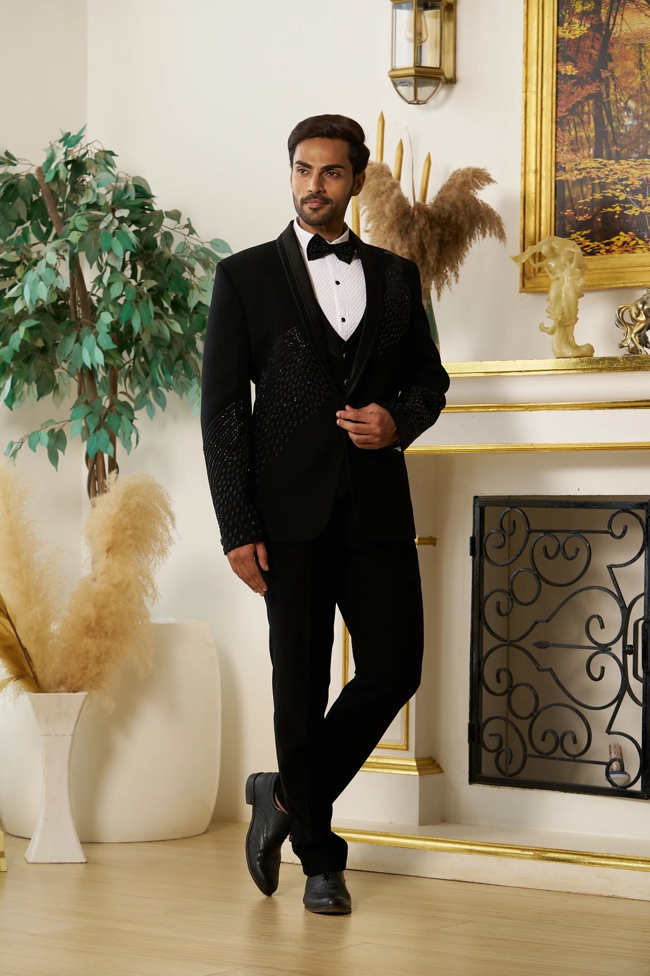 Black Partywear Suit With Peacock Handwork Design