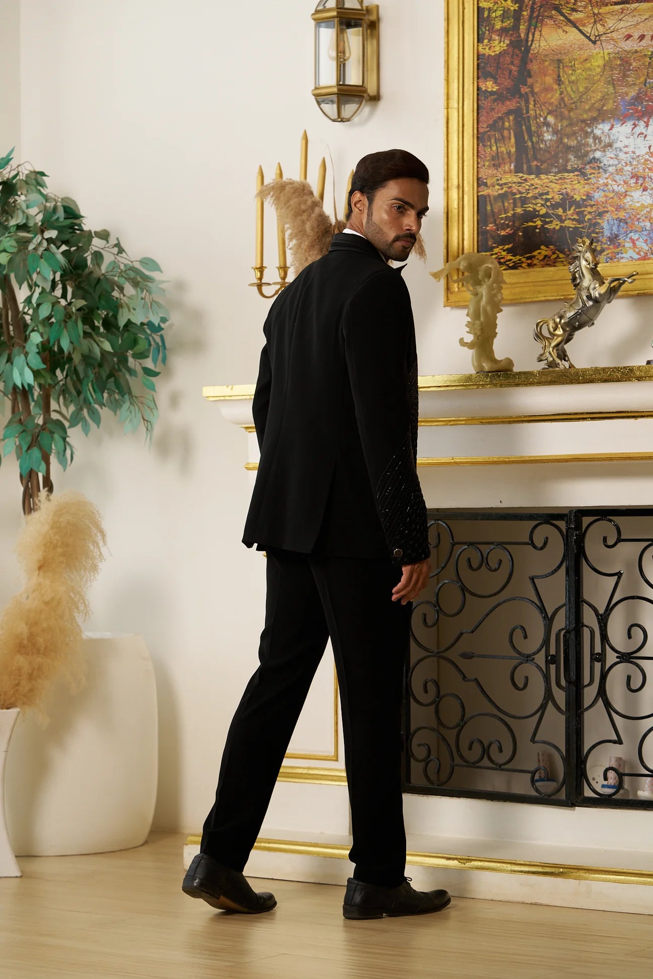Black Partywear Suit With Peacock Handwork Design