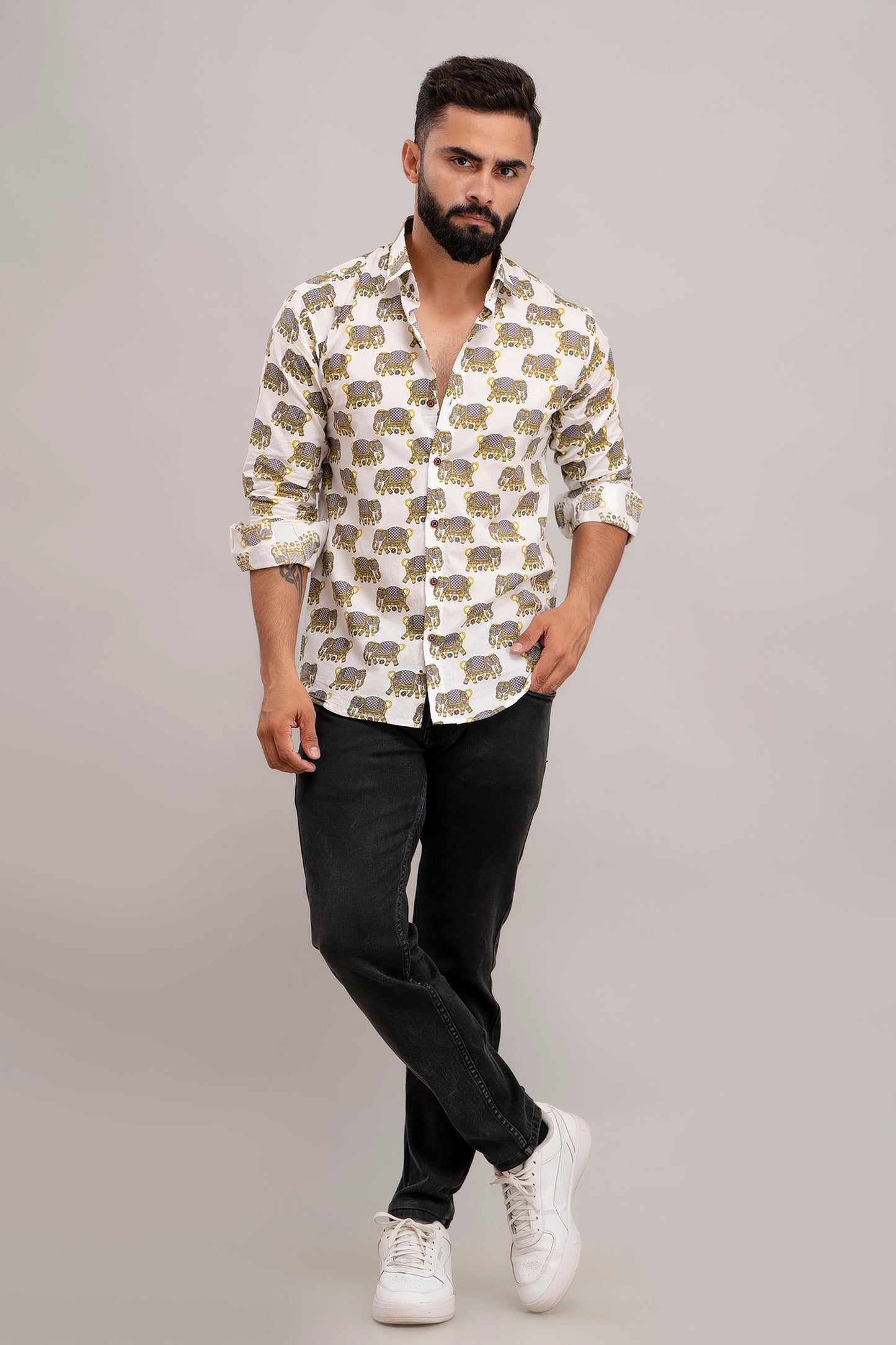 SANGANERI PRINT WHITE SHIRT YELLOW ELEPHANT