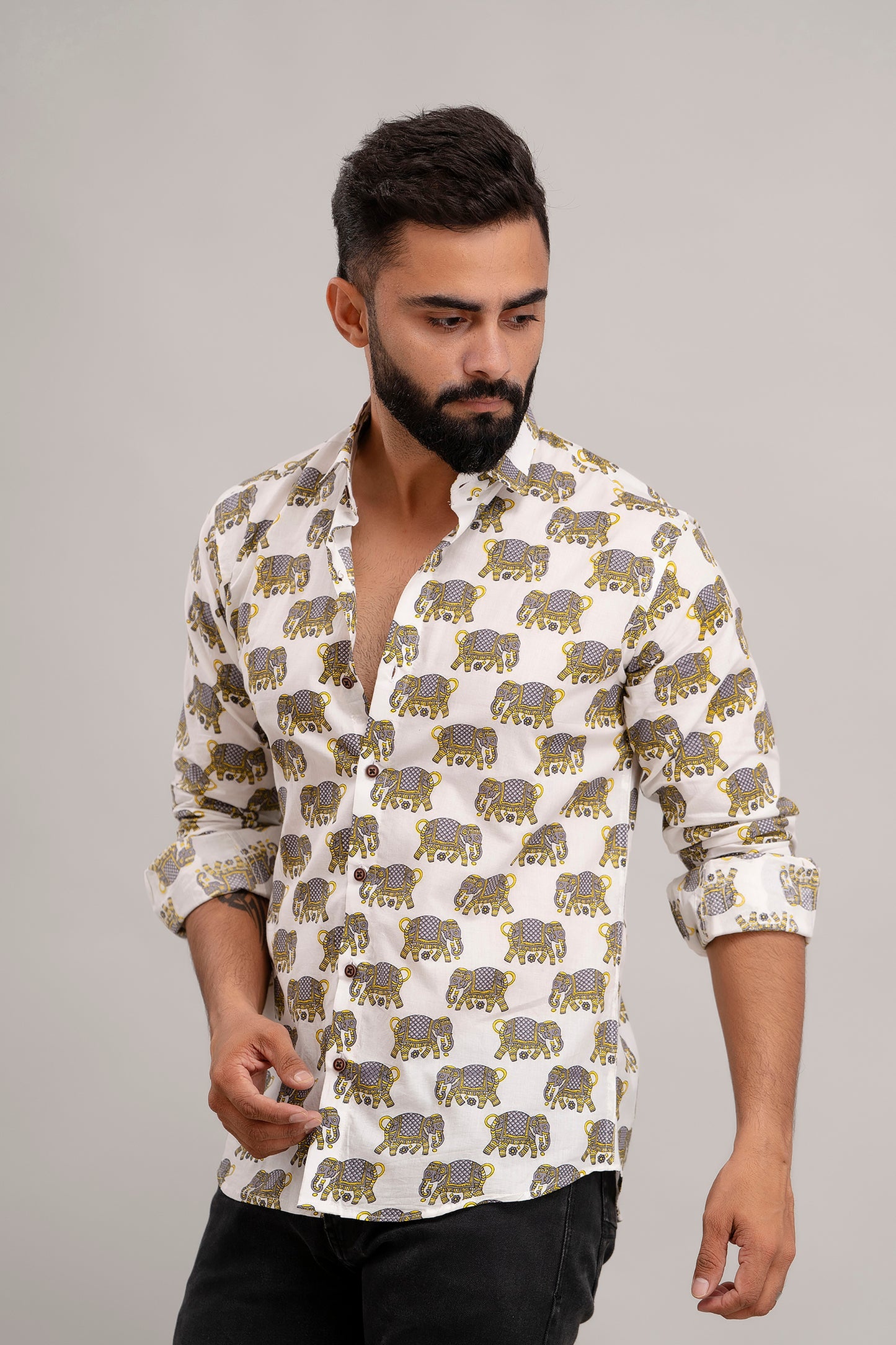 SANGANERI PRINT WHITE SHIRT YELLOW ELEPHANT