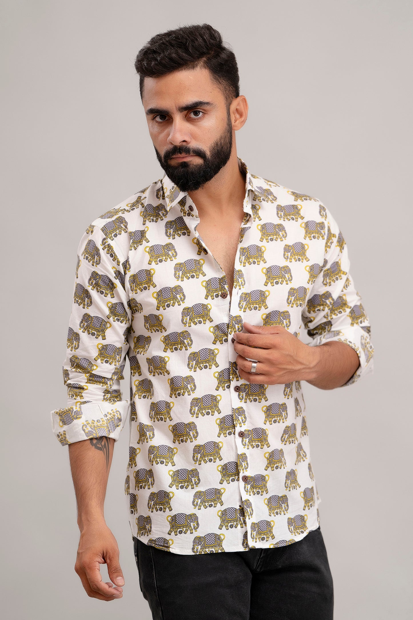 SANGANERI PRINT WHITE SHIRT YELLOW ELEPHANT