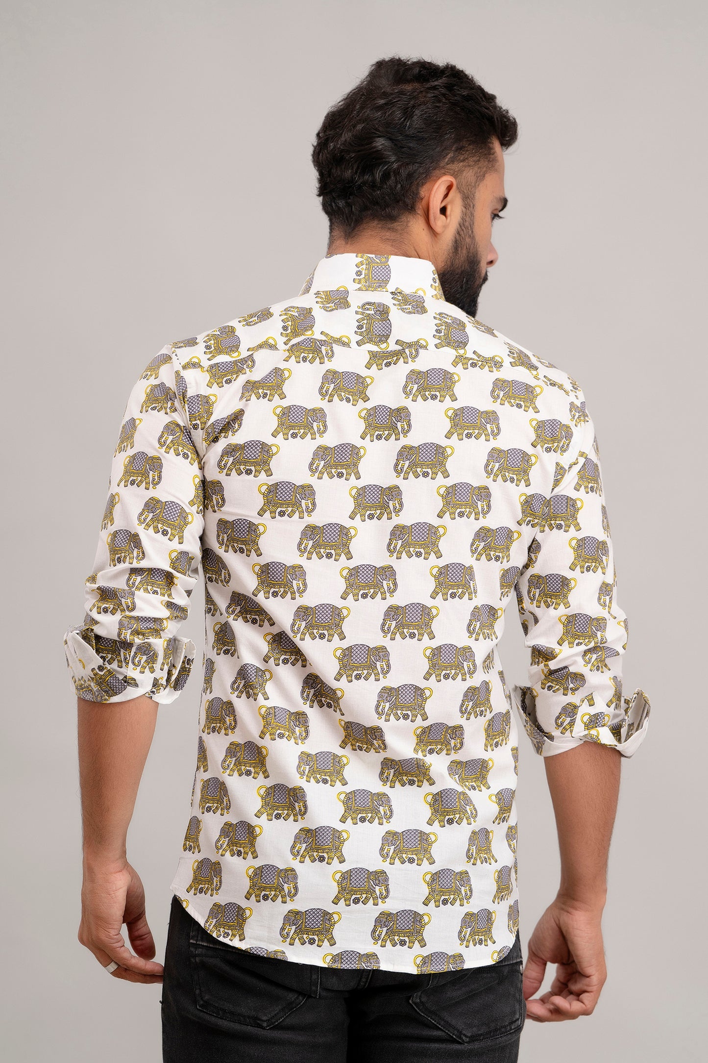 SANGANERI PRINT WHITE SHIRT YELLOW ELEPHANT