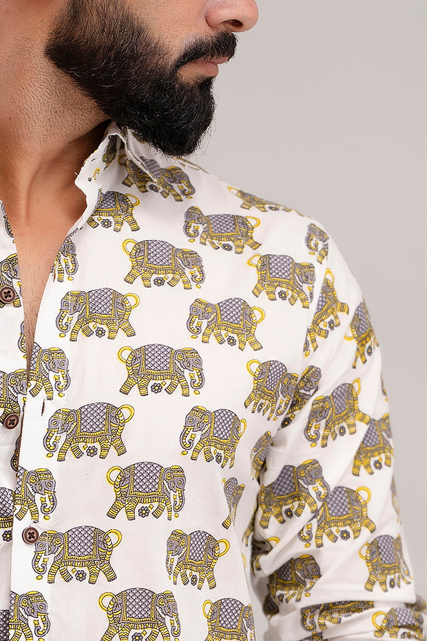 SANGANERI PRINT WHITE SHIRT YELLOW ELEPHANT