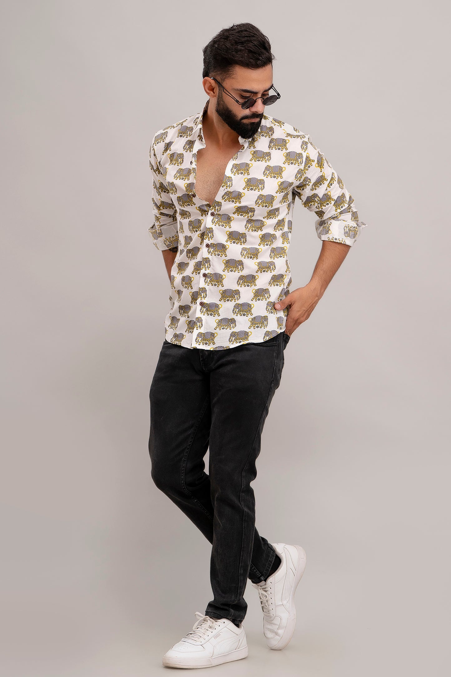 SANGANERI PRINT WHITE SHIRT YELLOW ELEPHANT