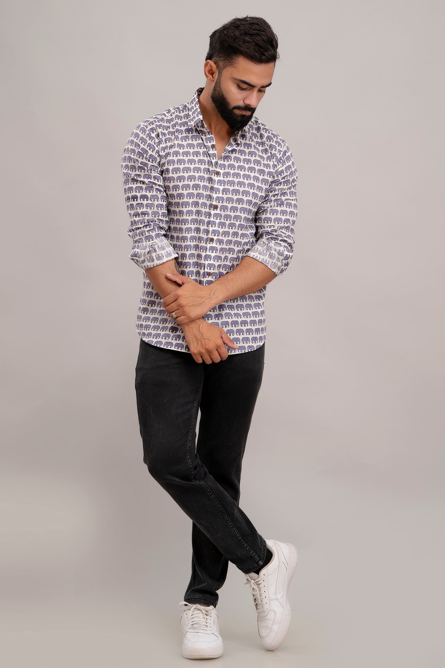 SANGANERI PRINT WHITE SHIRT DARK BLUE ELEPHANT
