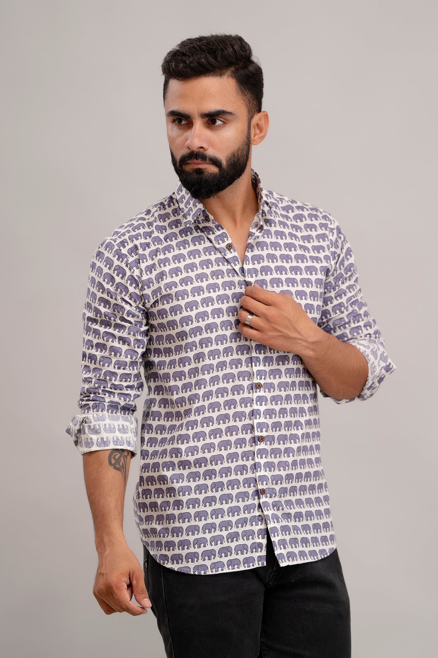 SANGANERI PRINT WHITE SHIRT DARK BLUE ELEPHANT