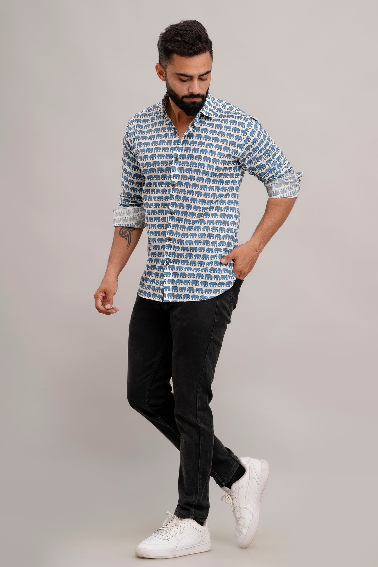 SANGANERI PRINT WHITE SHIRT BLUE ELEPHANT PRINT