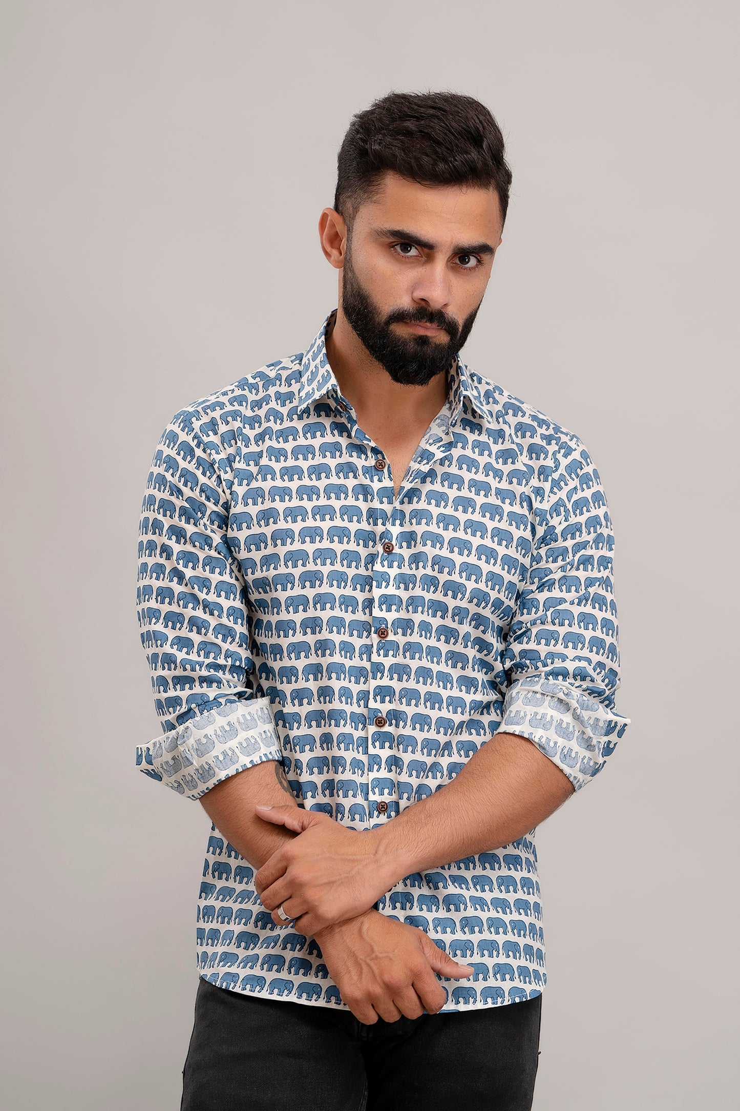 SANGANERI PRINT WHITE SHIRT BLUE ELEPHANT PRINT