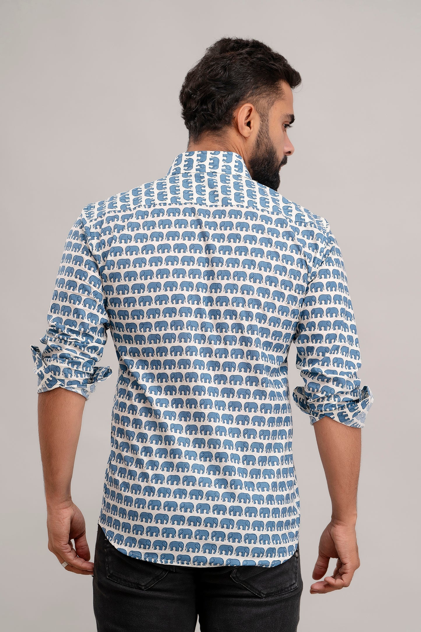 SANGANERI PRINT WHITE SHIRT BLUE ELEPHANT PRINT
