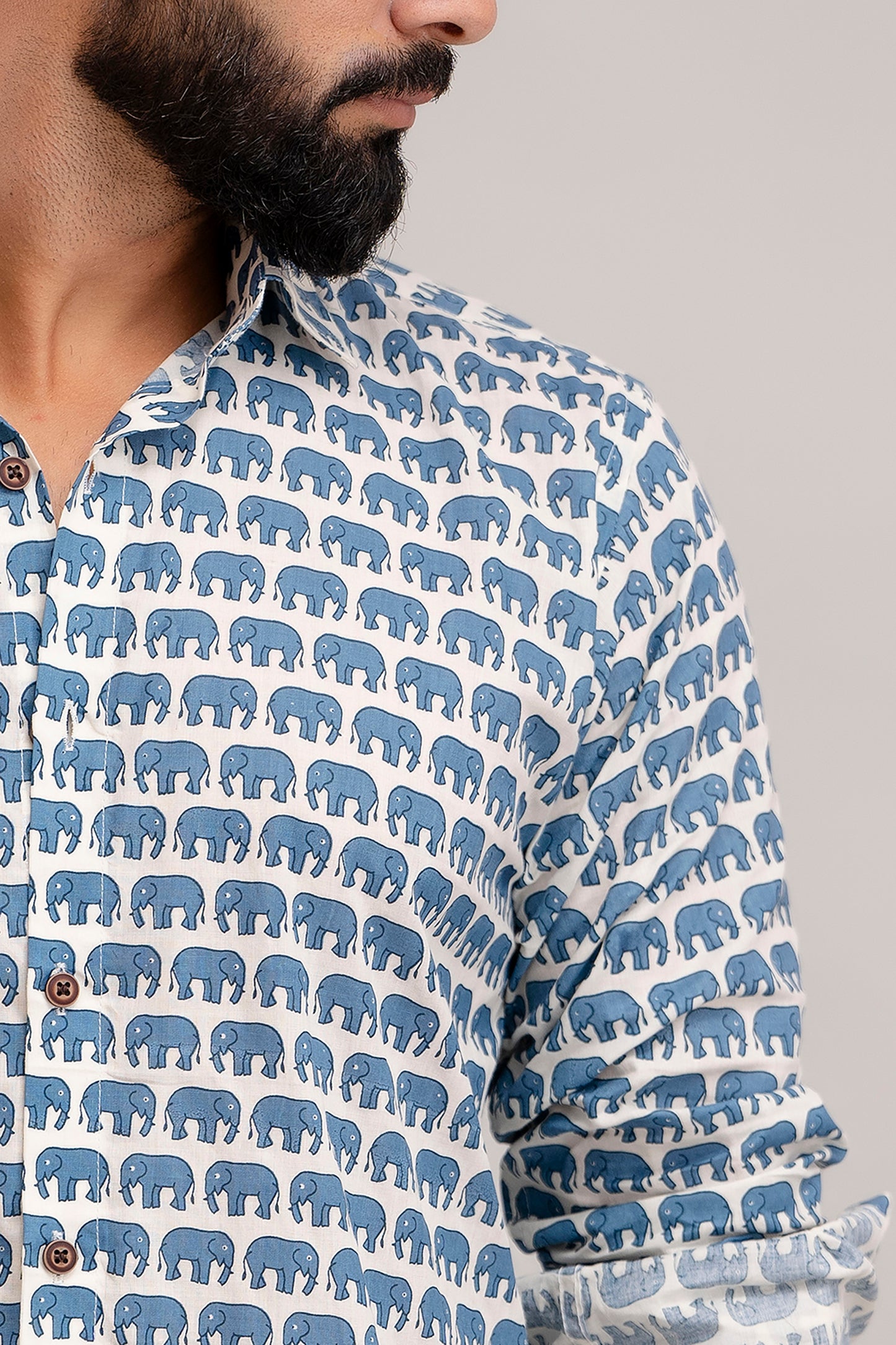 SANGANERI PRINT WHITE SHIRT BLUE ELEPHANT PRINT