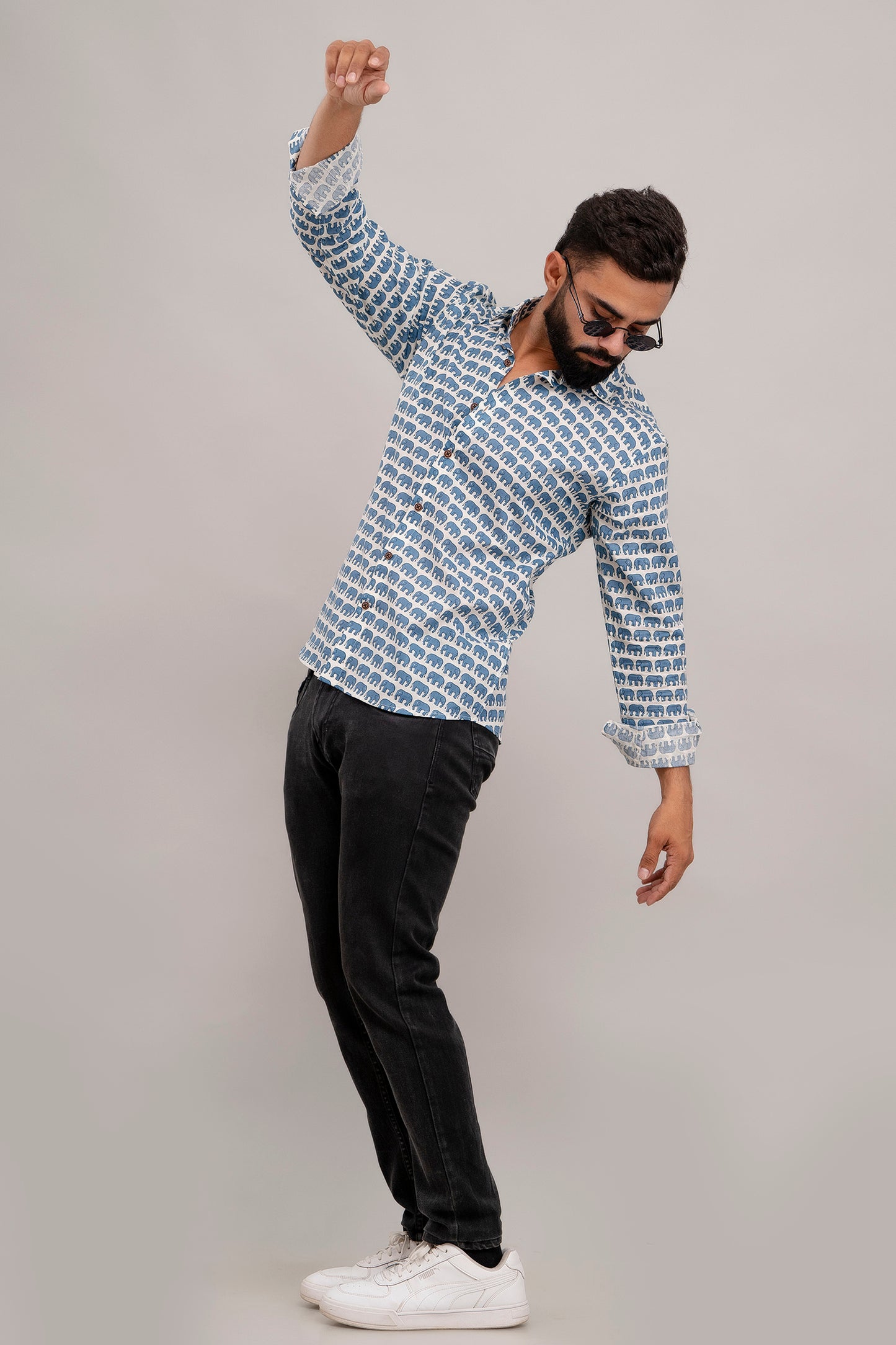 SANGANERI PRINT WHITE SHIRT BLUE ELEPHANT PRINT