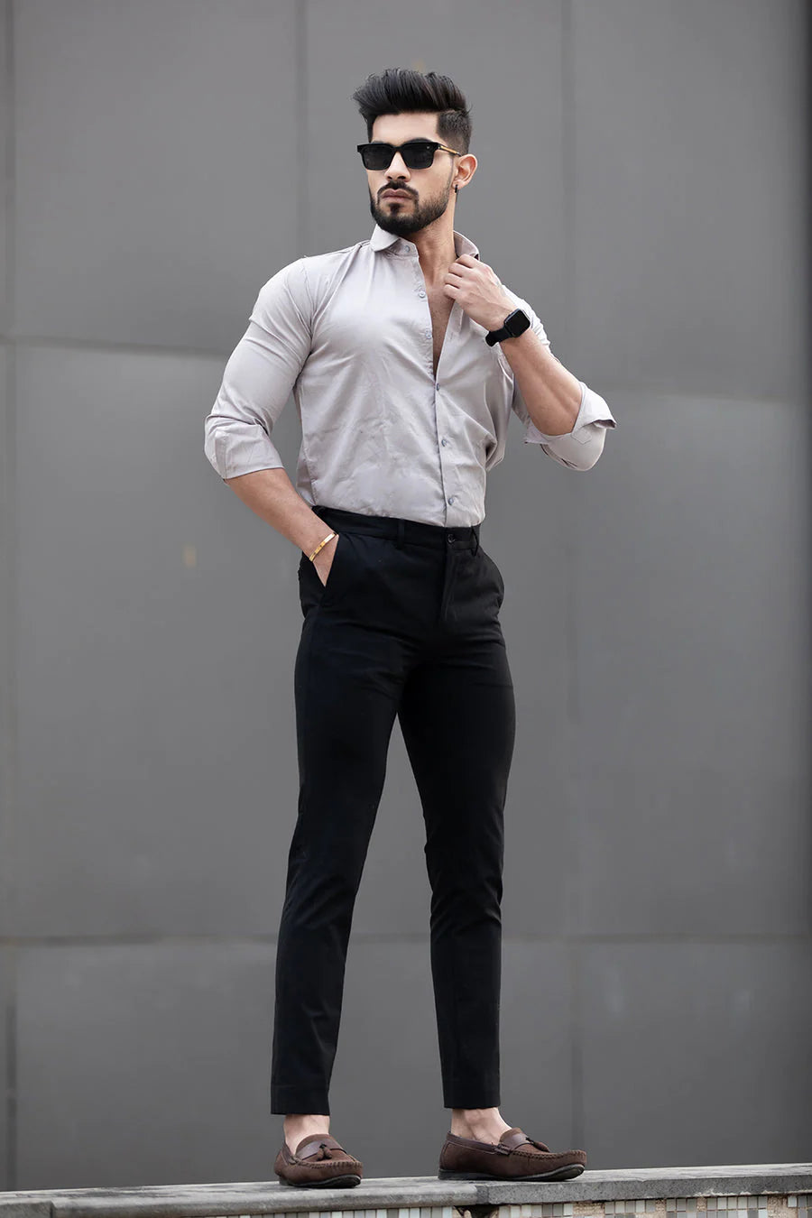 Light Grey SHIRT AND BLACK FORMAL WAIST ADJUSTABLE PANT COMBO BLENDS TRENDZZ