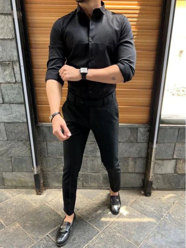 BLACK SHIRT AND BLACK FORMAL WAIST ADJUSTABLE PANT COMBO BLENDS TRENDZZ BLACK SHIRT AND BLACK FORMAL WAIST ADJUSTABLE PANT COMBO BLENDS TRENDZZ