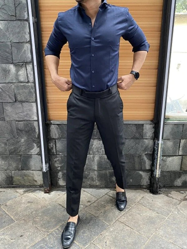 DARK BLUE SHIRT AND BLACK FORMAL WAIST ADJUSTABLE PANT COMBO