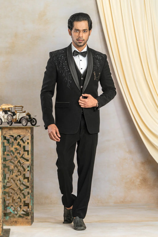 Black tuxedo with embroidery work on both shoulder