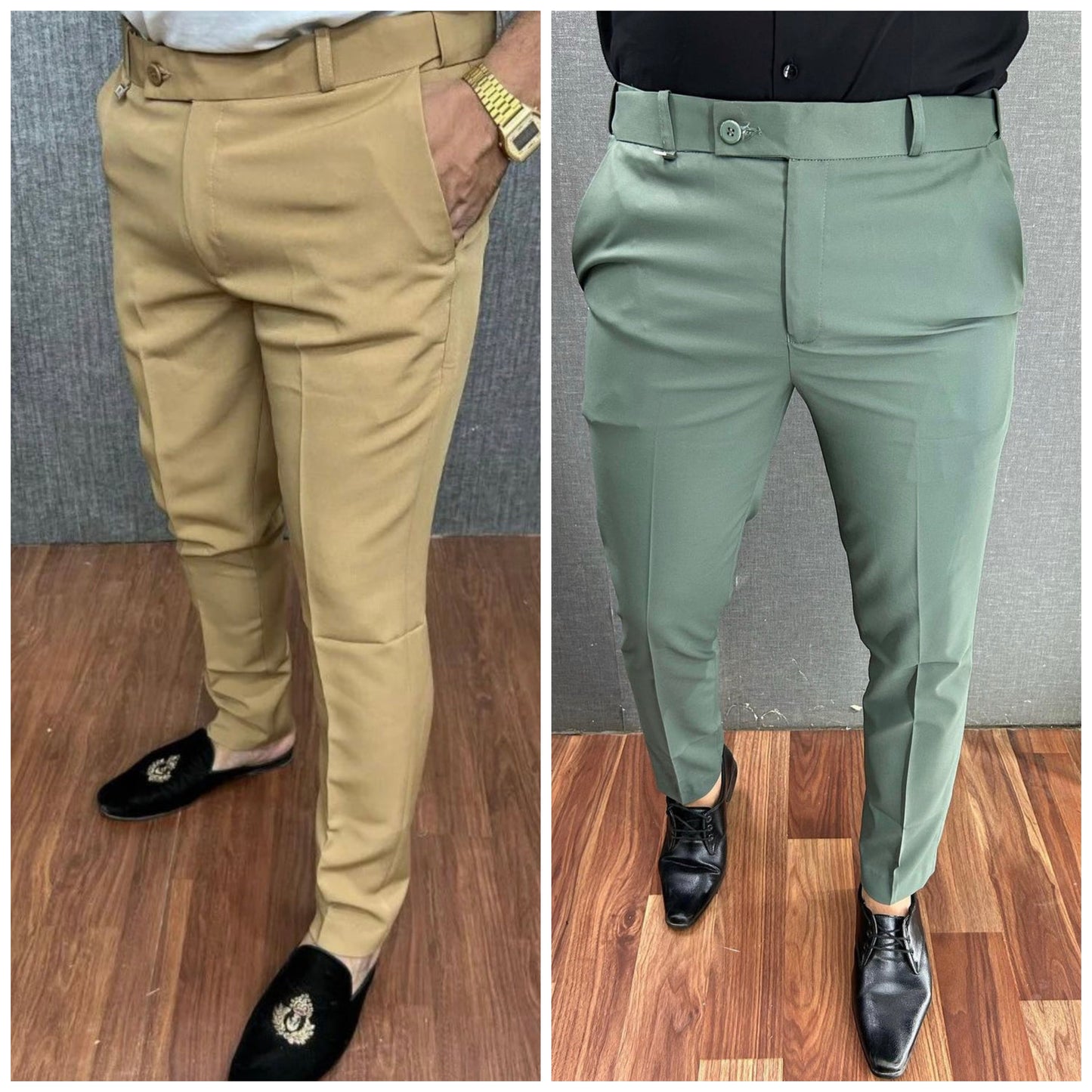 Cream & Light Green Waist Adjustable Pant Combo