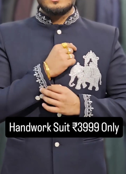 Blue Elephant Bandhgala With Handwork on sleeves