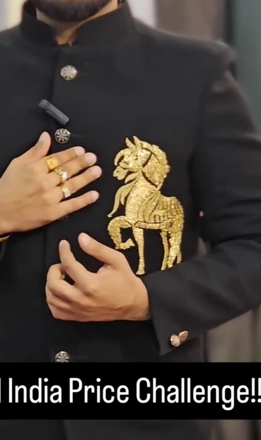 Black Bandhgala With Horse Handwork