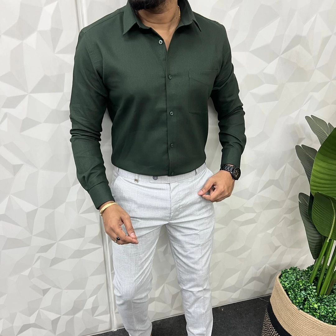 Green shirt grey pants on sale