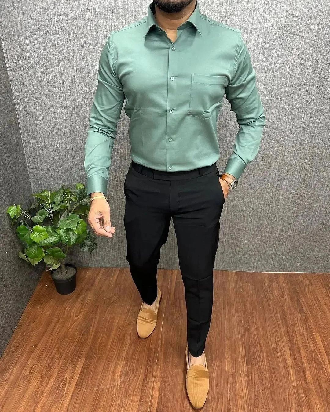 MEN'S PREMIUM FORMAL LYCRA COMBO Light Green shirt Black pant