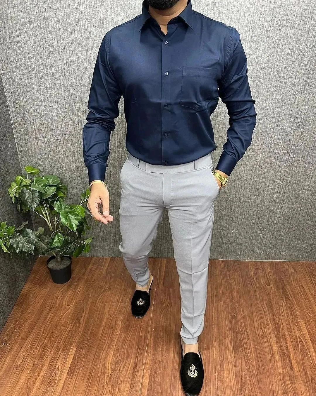 Dark grey pants light blue shirt online