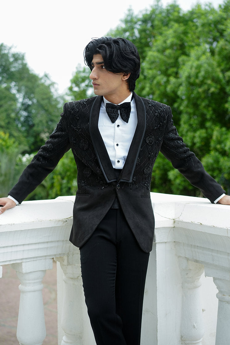 Black suede handwork tuxedo