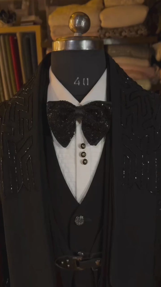 Black suit With Handwork satin Collar shawl