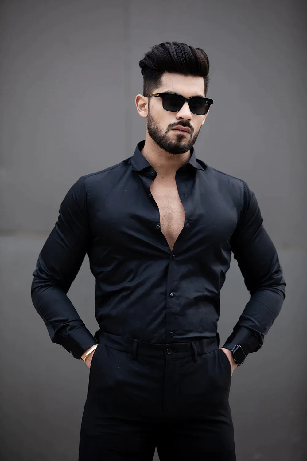 Black satin online dress shirt