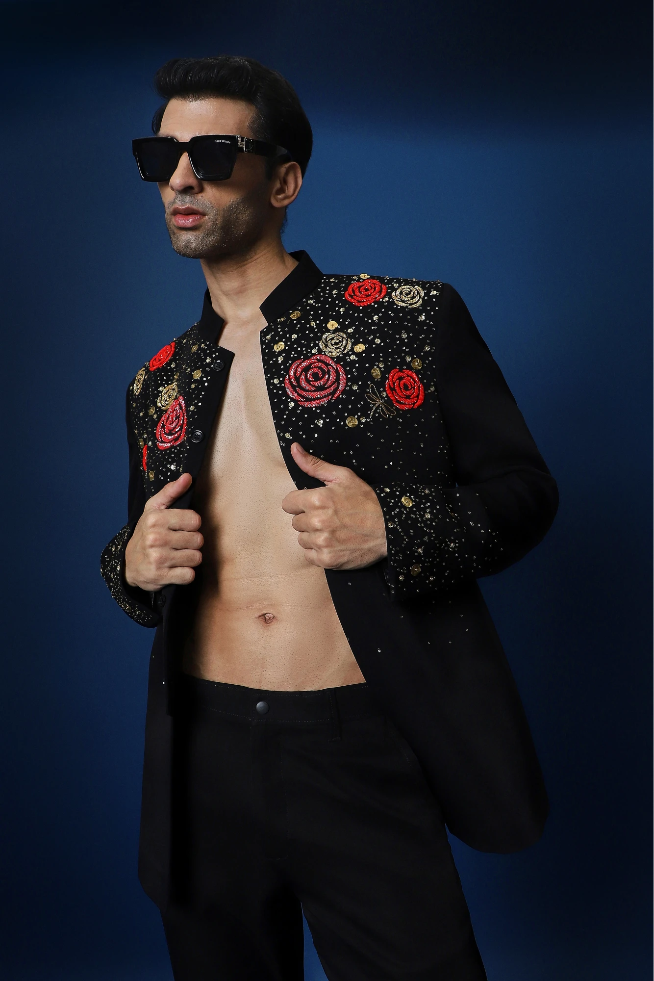 Celestial Rose Hand Embroidered Bandhgala – Black