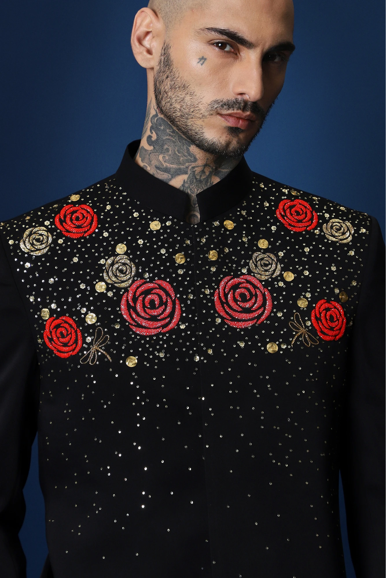 Celestial Rose Hand Embroidered Bandhgala – Black