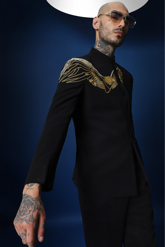Eagle Hand Embroidered Bandhgala – Black