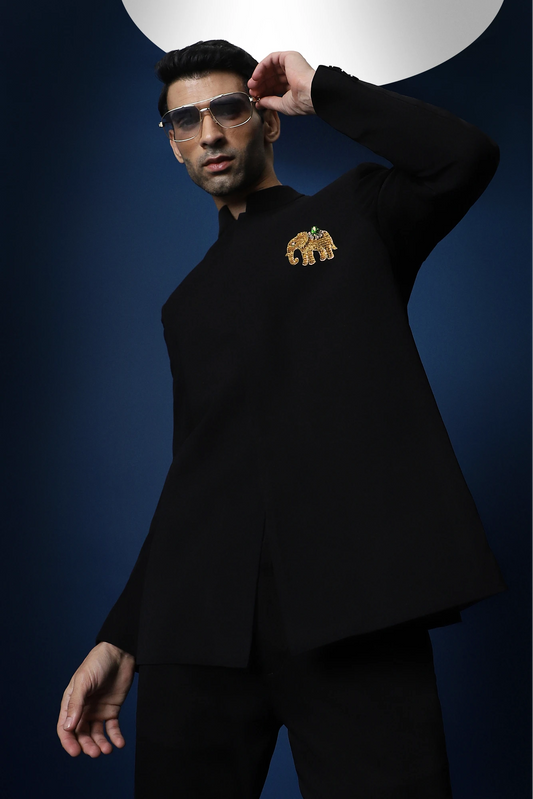 Yanai (Elephant) Hand Embroidered Bandhgala – Black