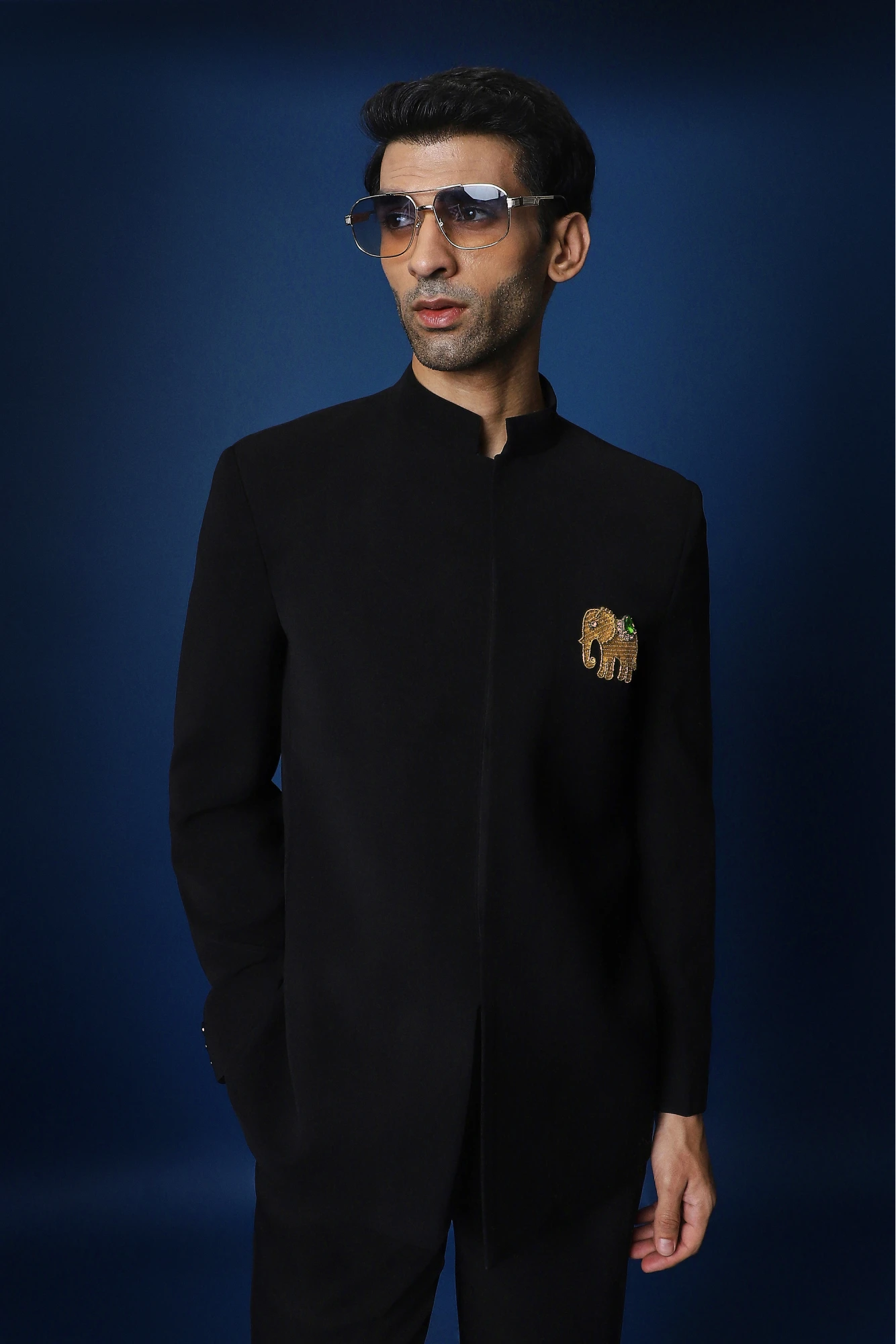 Yanai (Elephant) Hand Embroidered Bandhgala – Black