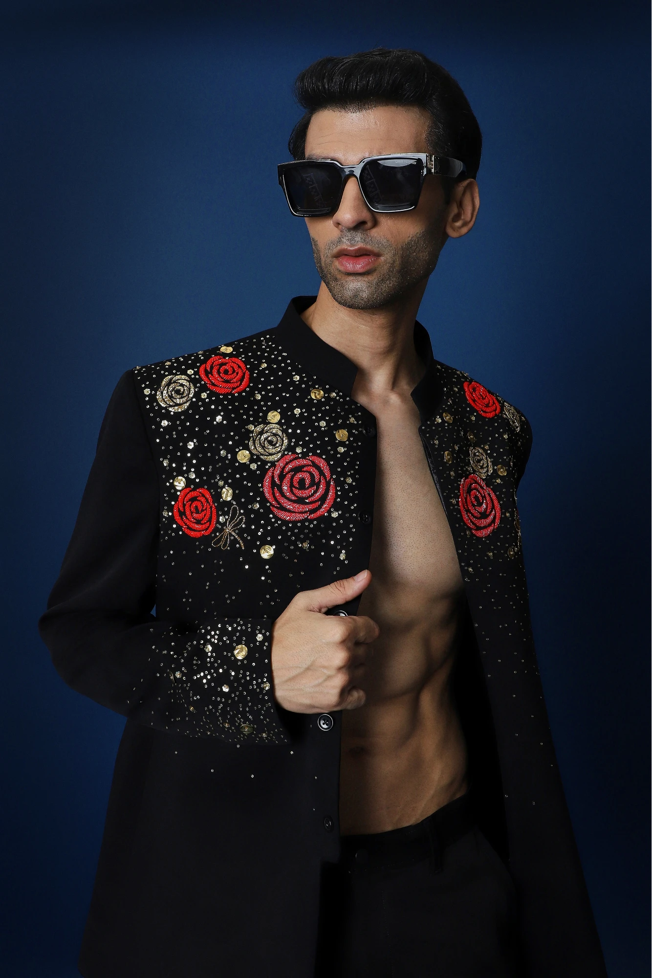 Celestial Rose Hand Embroidered Bandhgala – Black