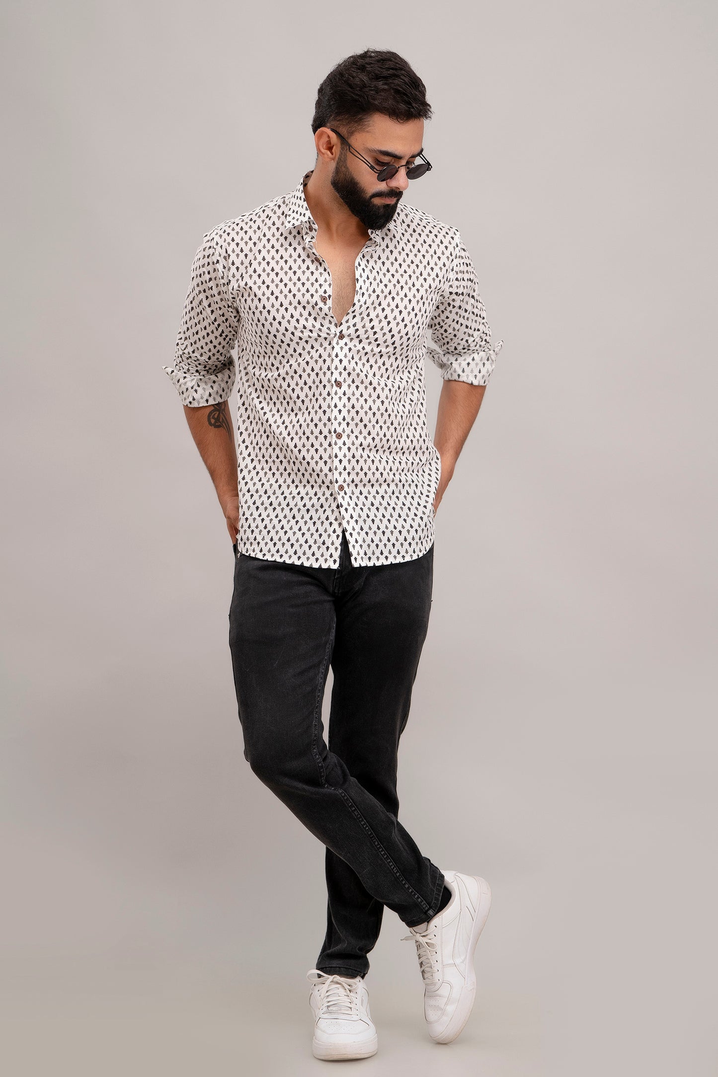 sanganeri print white shirt black print
