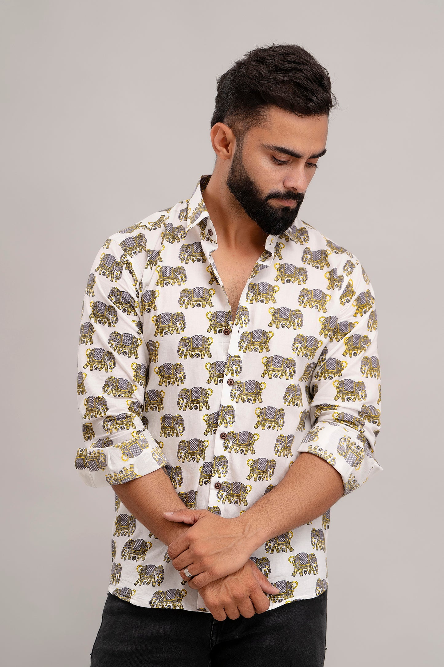 SANGANERI PRINT WHITE SHIRT YELLOW ELEPHANT