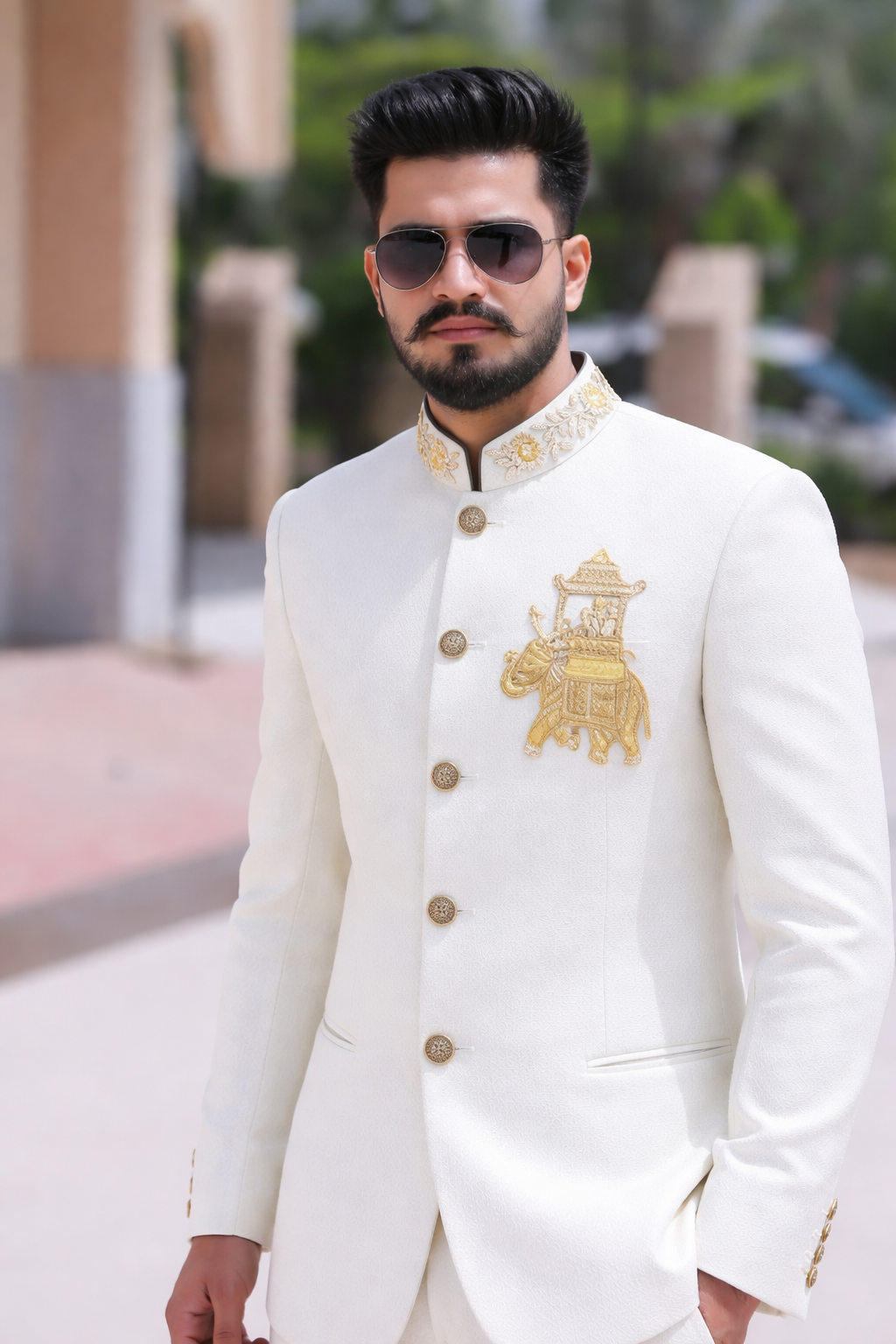 White Bandhgala With elephant Handwork