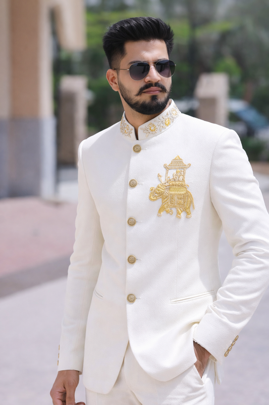 White Bandhgala With elephant Handwork