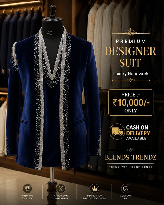 Dark Blue velvet handwork indowestern suit