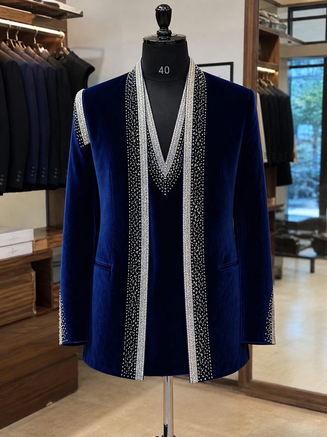 Dark Blue velvet handwork indowestern suit