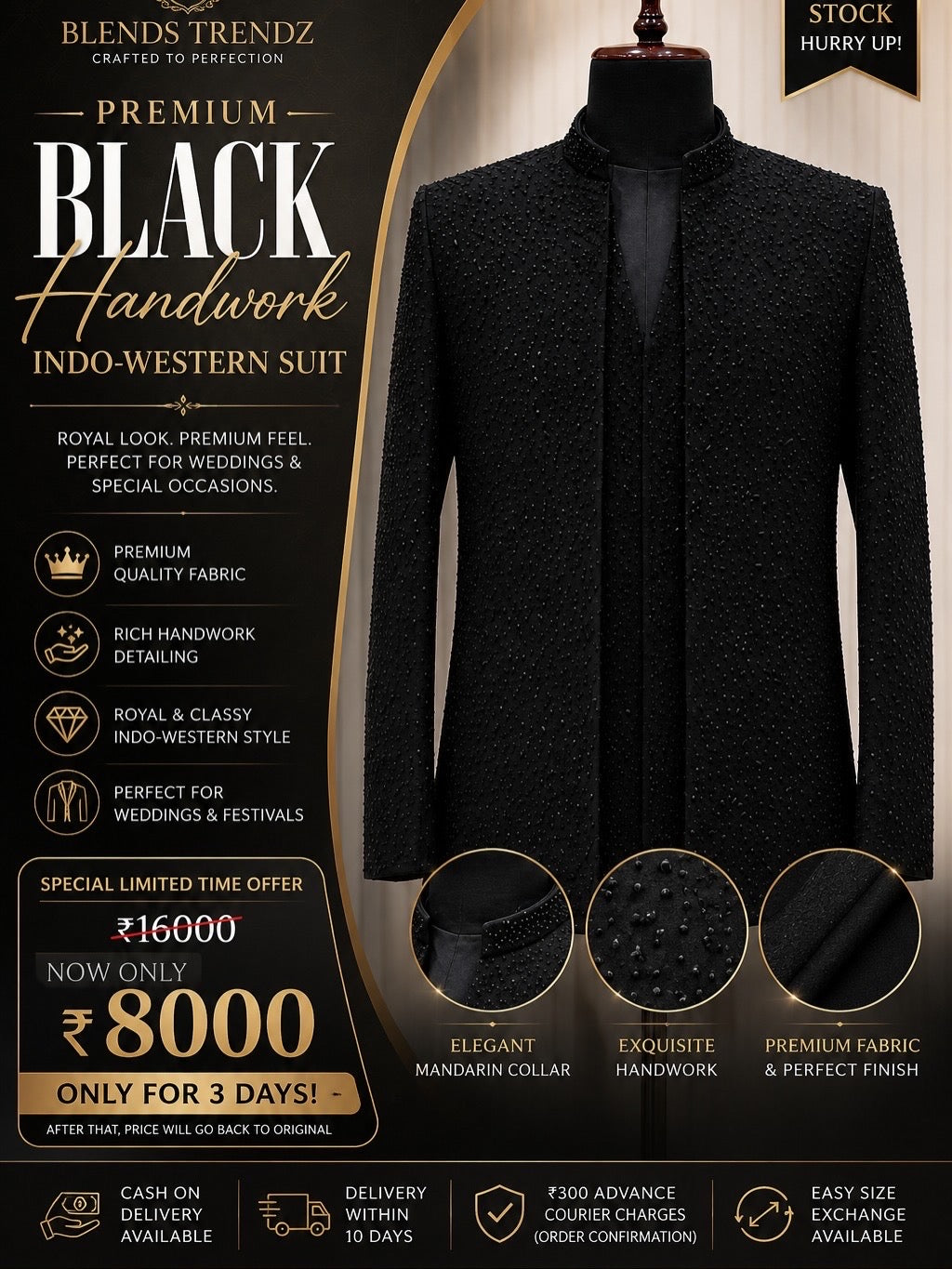 Black handwork indowestern suit