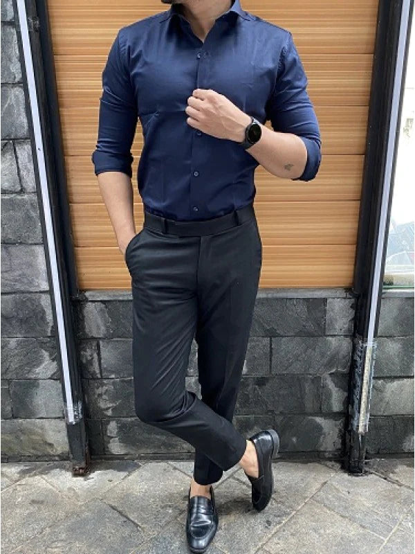 DARK BLUE SHIRT AND BLACK FORMAL WAIST ADJUSTABLE PANT COMBO