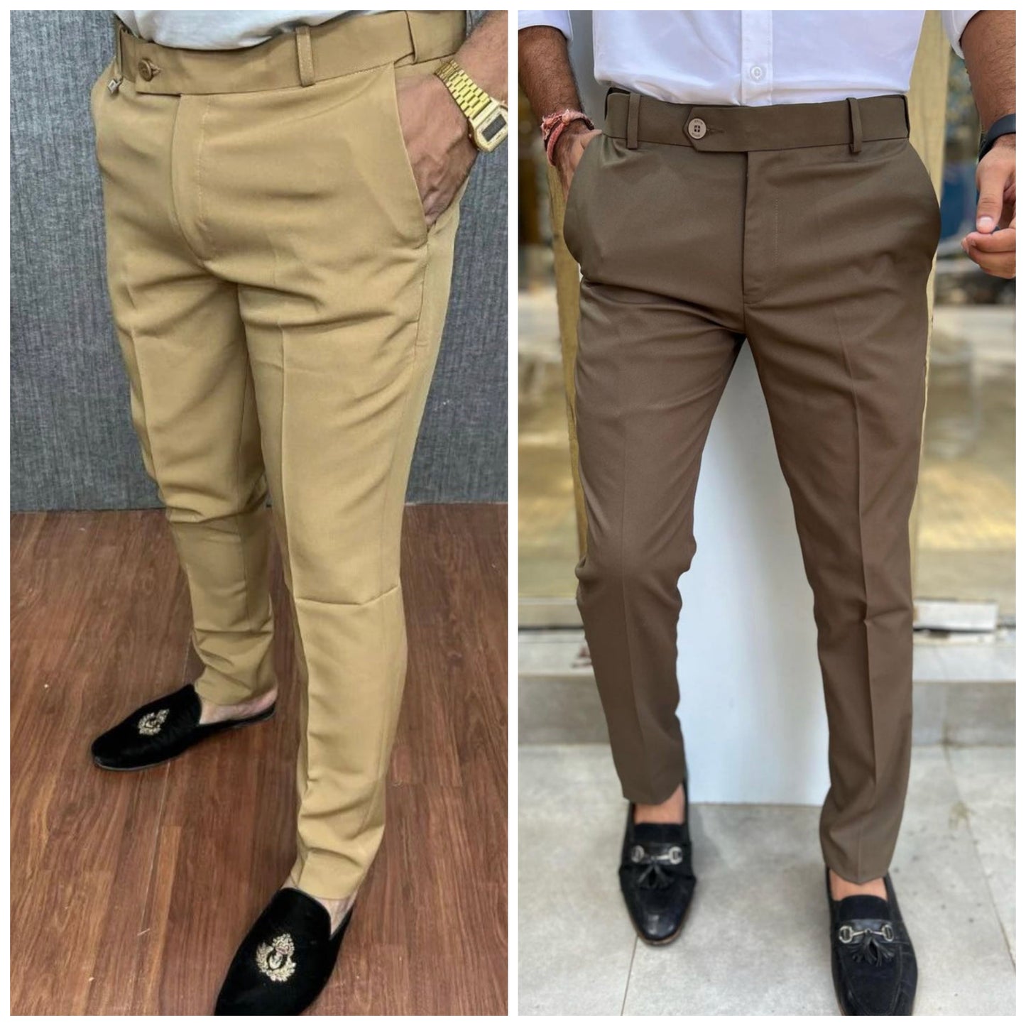 Cream & Dark Brown Waist Adjustable Pant Combo