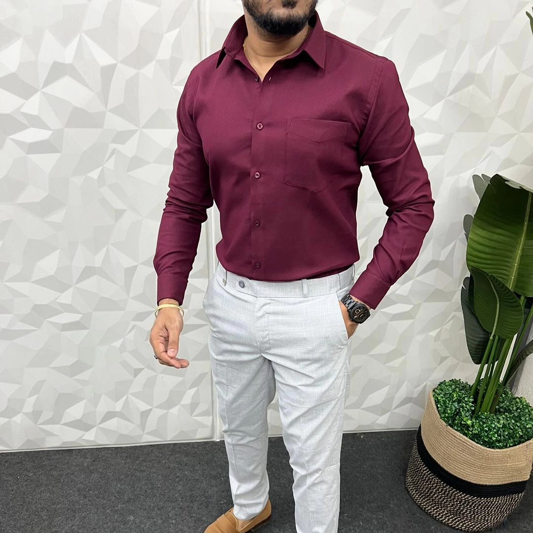 MEN'S PREMIUM FORMAL / LYCRA COMBO Maroon shirt Light Grey Pant