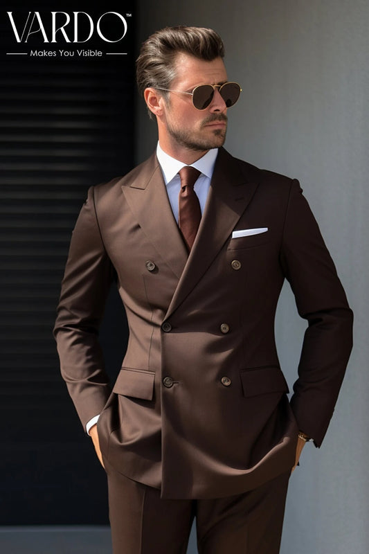 MEN'S FOUR BUTTON COFFEE Double-Breasted Suit - Dapper Gentlemen's Choice - Classic Office & Event Attire